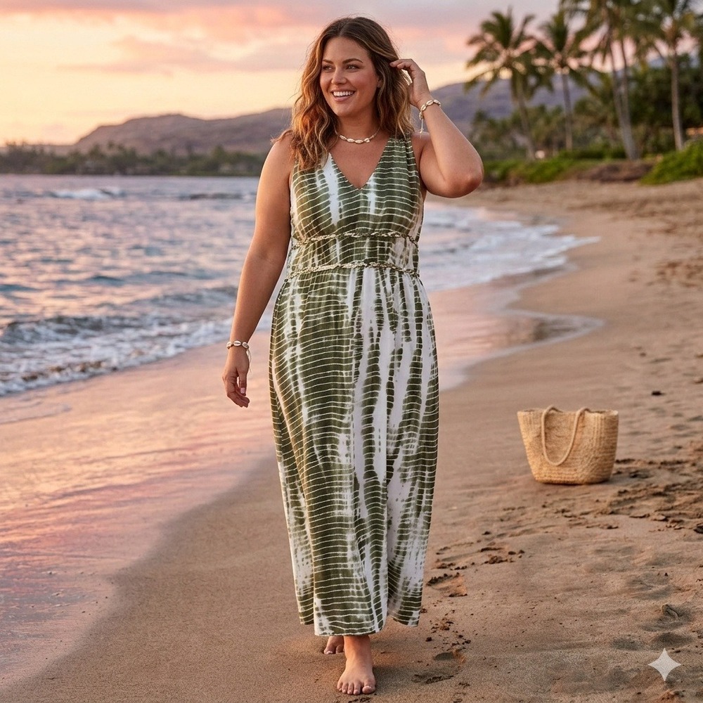 Stylehouse Maxi Dress Womens XL Green Tie Dye Braided Waist V-Neck‎ Boho Summer